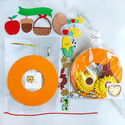 Winlyn 12 Sets Thanksgiving Wreath Signs Decorations Art Sets DIY Fall Thanksgiving Craft Kits Foam Sunflowers Maple Leaves Pumpkin Harvest Stickers for Kids Autumn Classroom Activities Party Favors