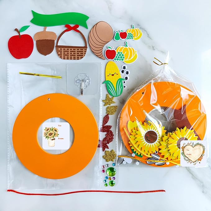 Winlyn 12 Sets Thanksgiving Wreath Signs Decorations Art Sets DIY Fall Thanksgiving Craft Kits Foam Sunflowers Maple Leaves Pumpkin Harvest Stickers for Kids Autumn Classroom Activities Party Favors