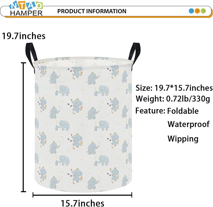 NTAOHAMPER Joyful Baby Elephant Laundry Hamper,Laundry Basket,Baby Nursery Hamper,Waterproof Storage Bin,Clothes Organizer Basket,Room Decor(Joyful Baby Elephant）