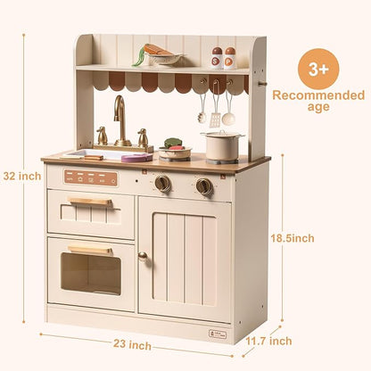 ROBUD Wooden Play Kitchen Set for Kids, Pretend Play Kitchen Toy Set with Golden Faucet, Sink, Oven, Stove, Cabinet, Vintage Style, Gift for Boys & Girls, Ages 3+