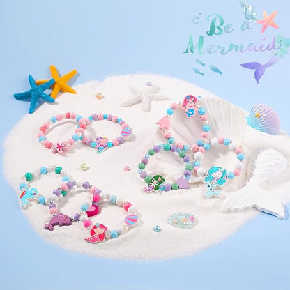 Kids Bracelets Mermaid Party Favors - 12 Pack Cute Toddlers Little Girls Ocean Wooden Beaded Bracelets, Costume Play Jewelry Princess Birthday Goodie Bag Stuffers Pinata filler Classroom Prize Gifts