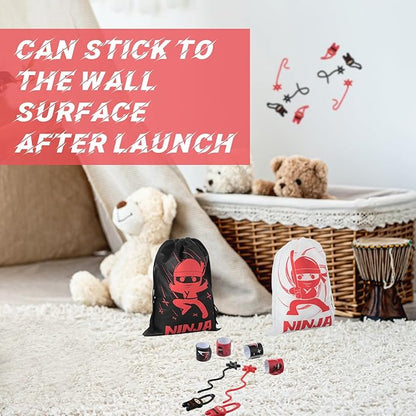 Cindeer 9 Set Ninja Party Favors, Includes Ninja Theme Drawstring Bags, Stretchy Flying Ninjas and Stars Slingshots Stretch Toys, Slap Bracelets for Karate Ninja Birthday Party Favor Supplies