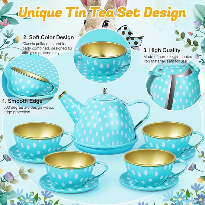 Tea Party Set for Little Girls, 49PCS Princess Tea Time Toys Including Tea Set Dessert Carrying Case, Kids Kitchen Pretend Playset (Bunny Tea Party Set Blue)