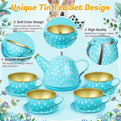Tea Party Set for Little Girls, 49PCS Princess Tea Time Toys Including Tea Set Dessert Carrying Case, Kids Kitchen Pretend Playset (Bunny Tea Party Set Blue)