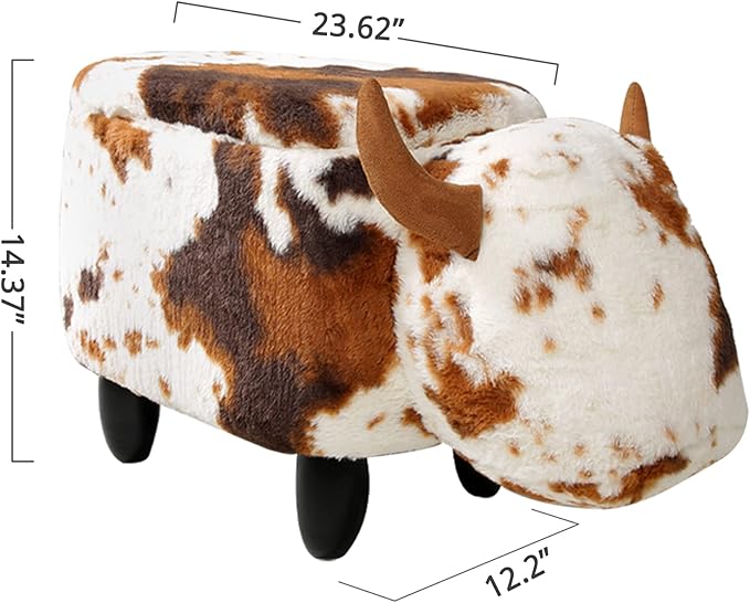 GIA Ottoman with Storage, Foot Stand and Wooden Legs, Shorthorn Dairy Cow, Brown and White