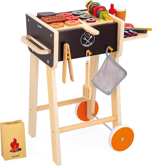 Janod - J06619 Wooden Barbecue - Imitation Kitchen and Dinette Toy for Children - 57 Accessories Included - 2 Silent Wheels - Ages 3 and Above