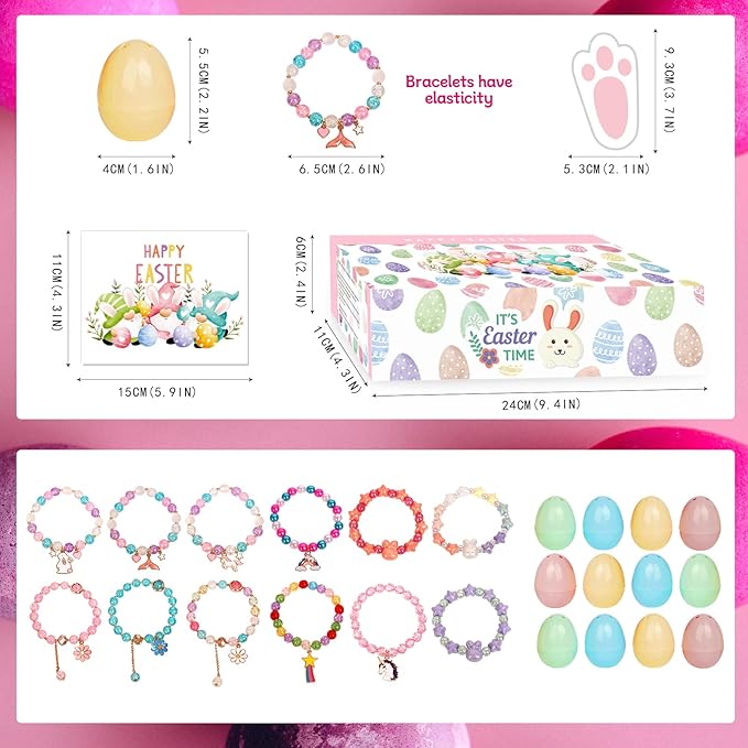 Mason Life Easter Eggs Fillers with Bracelets, Easter Eggs with Toys, Party Favors for Girls, Easter Egg Stuffers for Toddler, Easter Egg Fillers Gifts, Easter Gifts for Kids, 12PCS