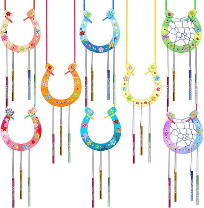 Fennoral 16 Pack Wind Chime Kit for Kids Make Your Own Horseshoe Wind Chime Wooden Arts and Crafts for Girls Boys Ornaments DIY Coloring Horseshoes Craft for Art Activity Birthday Supplies