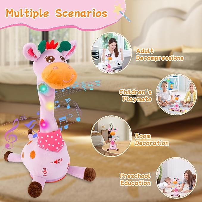 Dancing Talking Giraffe Toy, Stuffed Animal Baby Toy Repeating What You Say, Glowing Musical Electronic Giraffe Gifts for Toddlers 1-3 Years Old, Easter Gift for Kids (Purple Giraffe)