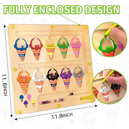 Ice Cream Magnetic Color and Number Maze, Montessori Color Sorting Puzzles Game for Kid, Counting Matching Board Toys, Learning Motor Skill Toy Gift for Boys Girls Toddlers Preschool 3 4 5 Years