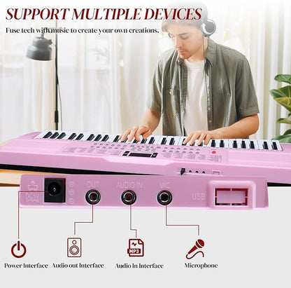 Ktaxon 61 Key Keyboard Piano Electric Keyboard w/Lighted Keys, Electric Piano Set with Headphones, Microphone, Music Rest, Power Adapter, Stand, Piano Bench and Manual (Full-Pink)