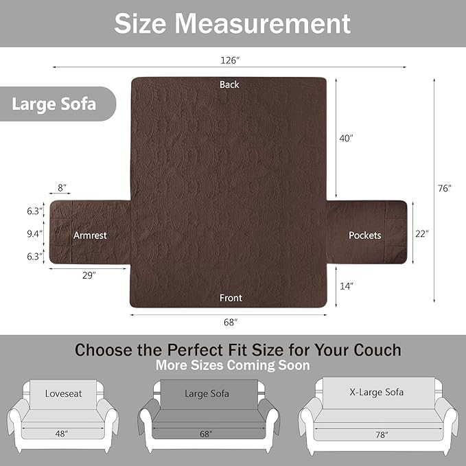 Quilted Sofa Slipcovers with Pockets, Medallion Designed Anti-Slip Couch Covers for 3 Cushion Sofa, Couch Cover for Dogs Cats Water-Repellent Machine Washable (Large Sofa 68", Chocolate)