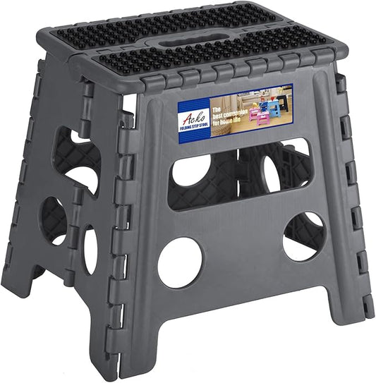 ACKO Folding Step Stool 13 inch Height Premium Heavy Duty Foldable Step Stools for Adults and Kids, Kitchen Plastic Small Collapsible Stepping Stool Hold Up to 300 LB Dot Grey (1 Pack)