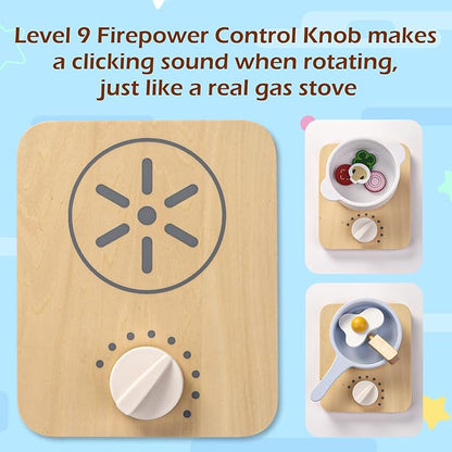 Wood Kids Play Kitchen Accessories Set, Pretend Play Cooking Toys Set, Kitchen Toys Playset for Toddlers, Toy Pots and Pans for Kids Kitchen with Fake Play Food Cookware, Girls Boys Gift