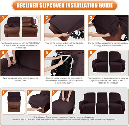 VANSOFY Recliner Cover, 3-Pieces Stretch Reclining Couch Covers with Pockets Reclining Sofa Slipcovers 3 Seater Soft Washable Furniture Protector for Dogs Cats(Chocolate)