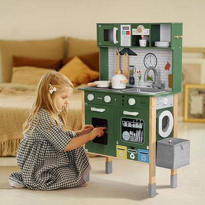 Kids Kitchen Playset for Toddlers 3-5 Years, Wooden Play Kitchen for Toddlers with Coffee Maker, Microwave, Dishwasher and Washing Machine