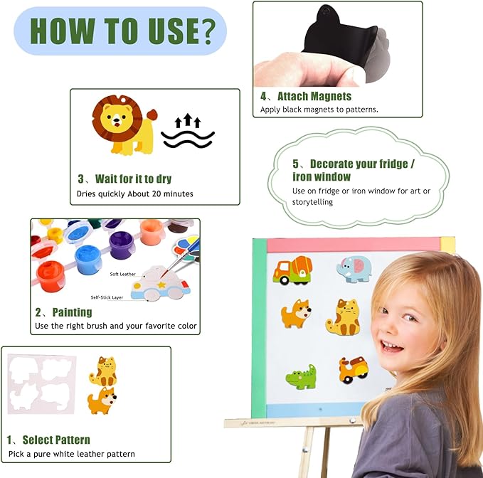 Magnetic Mini Tile Art-DIY Craft Kits for Kids,Fridge magnet painting kit for kids Ages 4-8,Soft Leather Fridge Magnets Craft Paint Set Animals & Vehicles,Party Favors for Kids 8-12