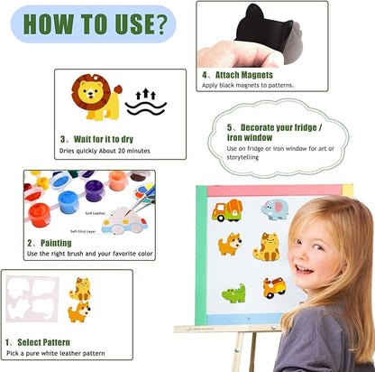 Magnetic Mini Tile Art-DIY Craft Kits for Kids,Fridge magnet painting kit for kids Ages 4-8,Soft Leather Fridge Magnets Craft Paint Set Animals & Vehicles,Party Favors for Kids 8-12