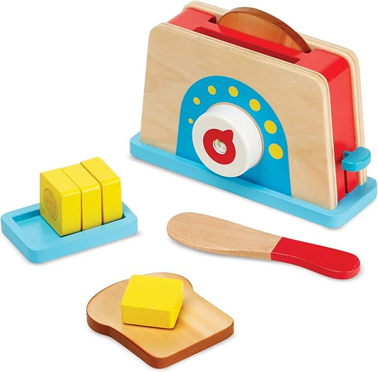 Melissa & Doug Bread and Butter Toaster Set (9 pcs) - Wooden Play Food and Kitchen Accessories