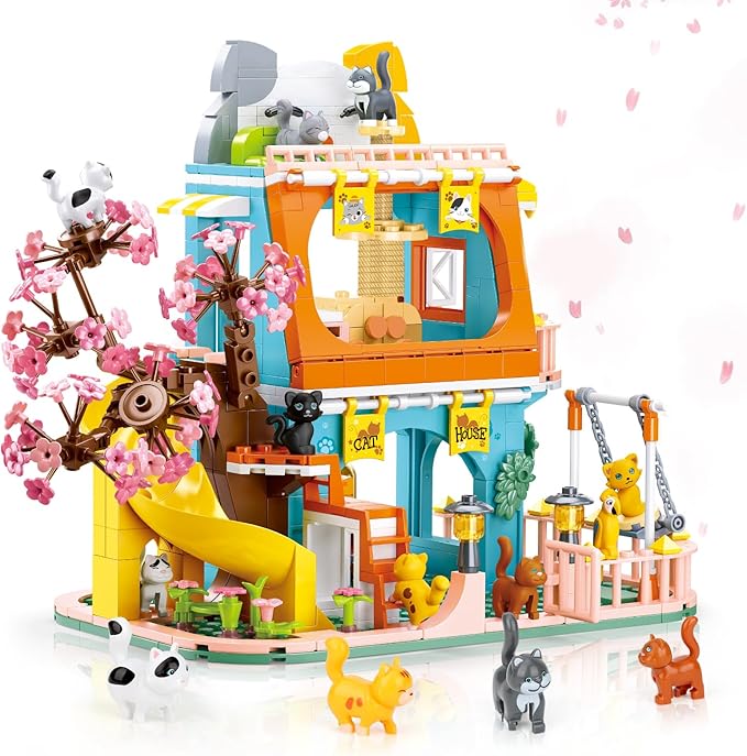 QLT QIAOLETONG Cute Cat House Toy Building Set for Girls 6-12, Compatible with Lego Friends, 521 PCS Friendship House Building Blocks Kit with Animals, Ideas Birthday Gift for Kids Boys 8-12