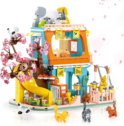 QLT QIAOLETONG Cute Cat House Toy Building Set for Girls 6-12, Compatible with Lego Friends, 521 PCS Friendship House Building Blocks Kit with Animals, Ideas Birthday Gift for Kids Boys 8-12