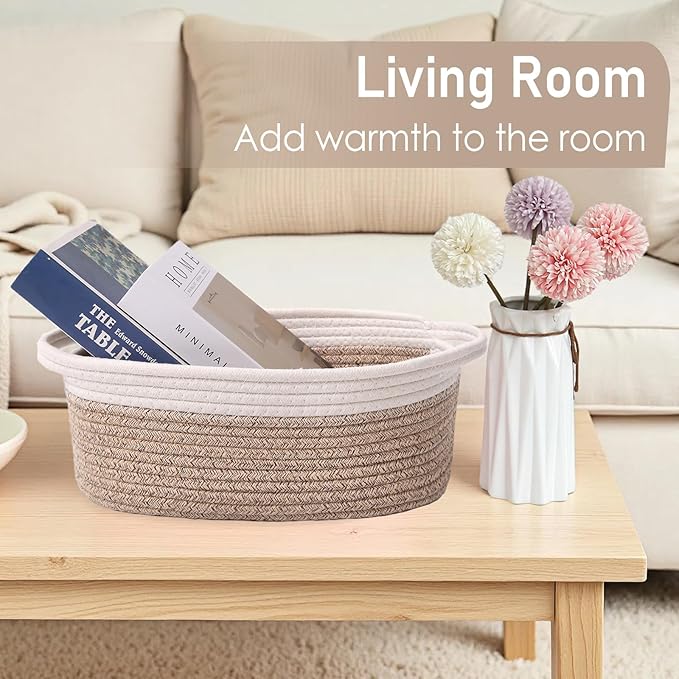 JMvicyroam Woven Basket,Small Rope Storage Bin with Handles & Ribbon Bag, Organizer for Shelves Closets,Gift Basket Empty for Birthday,Books,Dog Toys, White&Oatmeal/3 Pack