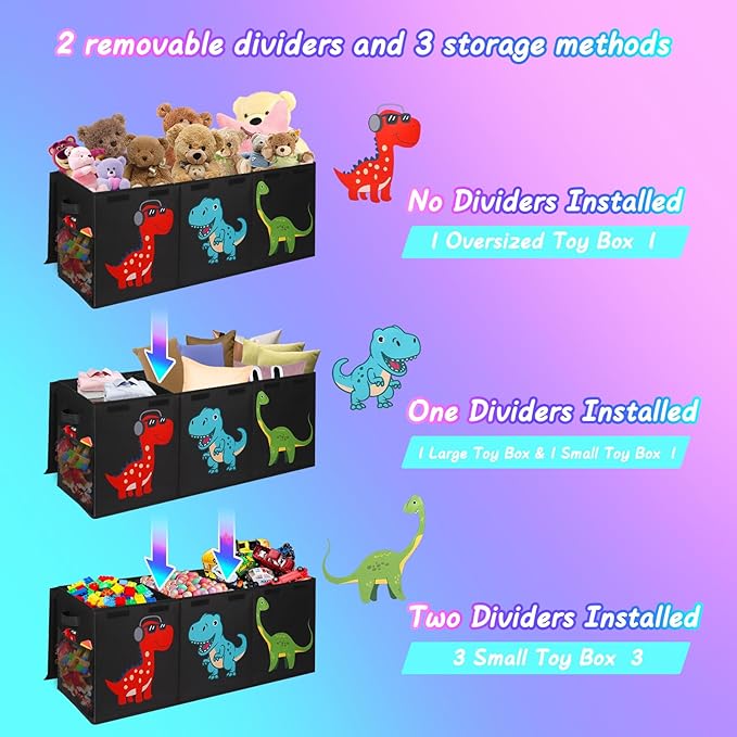 Mabahoo Extra Large Toy Box Chest, Collapsible Sturdy Kids Storage Organizer Bins with Lids, Black Dinosaur Toy Chest for Boys Girls, 40"x16"x16" Toy Storage Bin Boxes for Playroom Bedroom Nursery