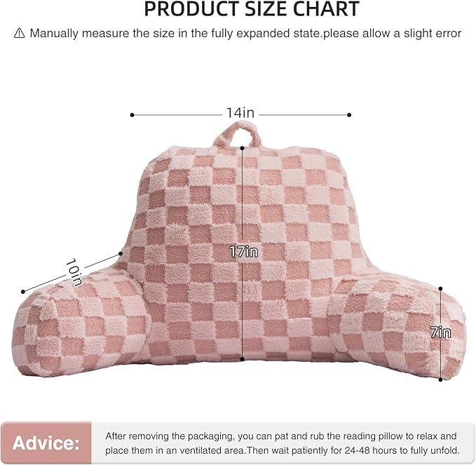 Aimuan Reading Pillow Checkered Bed Rest Wedge Backrest Checkerboard Pillow with Arms Back Support for Sitting Up in Bed Cushion Incline Rest Sleeping Snoring Pillow, Pink