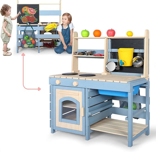 2 in 1 Wooden Mud Kitchen, Outdoor Play Kitchen with Removable Sink,Water Box & Faucet,Stove Top, Storage Bags& Metal Basket,Kitchen & Grocery Store Backyard Outdoor Pretend Kitchen for Kids