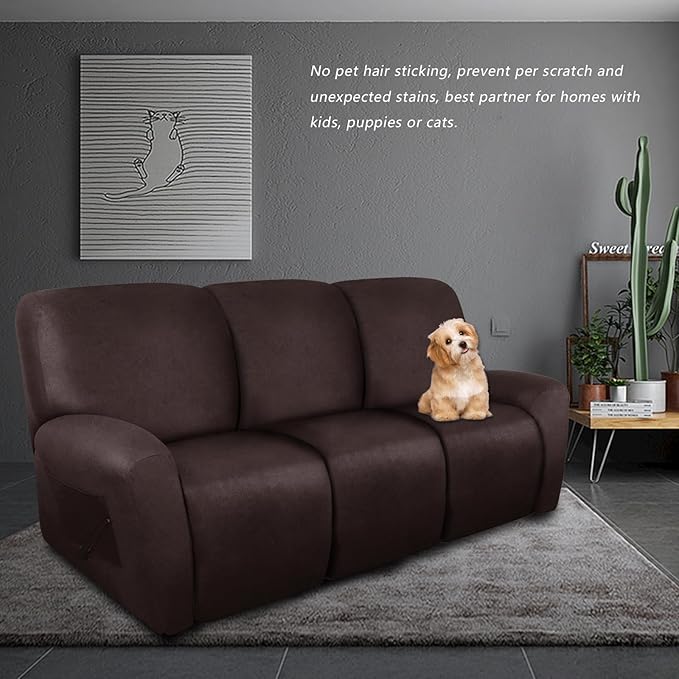 molasofa Recliner Sofa Covers - 8 Pieces Stretch Leather Like Large Couch Covers for 3 Seats Reclining Slipcovers Soft Jacquard Pattern Furniture Protector with Elastic Bottom (Chocolate)