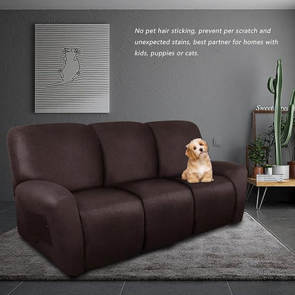 molasofa Recliner Sofa Covers - 8 Pieces Stretch Leather Like Large Couch Covers for 3 Seats Reclining Slipcovers Soft Jacquard Pattern Furniture Protector with Elastic Bottom (Chocolate)