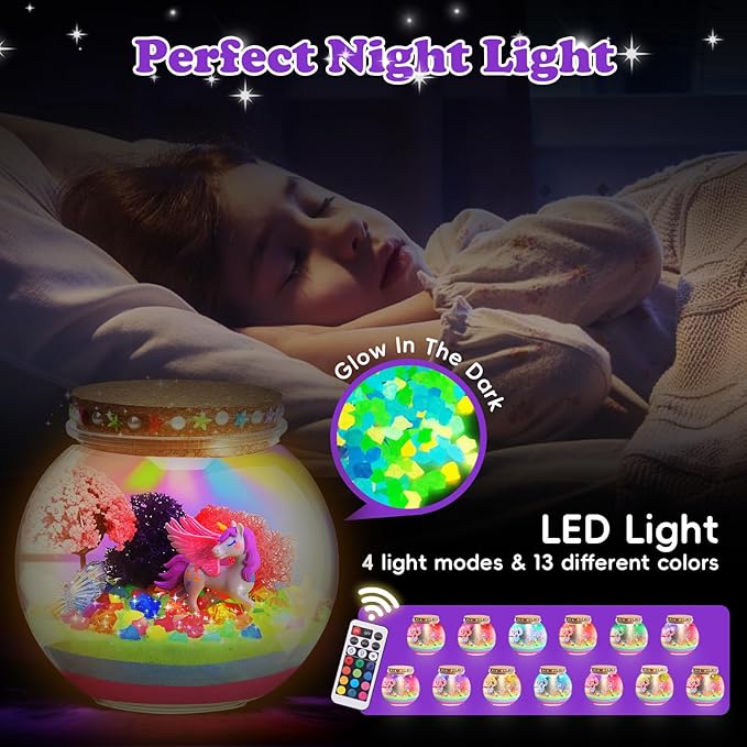 Unicorn Light-Up Terrarium Kit for Kids - Multicolor LED Night Light Unicorn Birthday Gifts for Girls - Unicorn Toys for Girls Ages 4-6 7 8 9 10 Year Old - Arts and Crafts for Girls