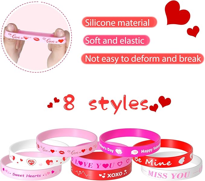 NEBURORA 40 Pieces Valentine's Day Silicone Wristbands Pink Red Heart Rubber Bracelets for Valentine's Gift Party Decoration Favors
