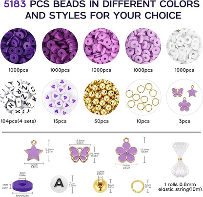 Purple Clay Beads, Purple Beads for Jewelry Making, 5000Pcs Heishi Beads for Friendship Bracelets Making Kit with Charms Letter Gold Beads, Party Birthday DIY Crafts for Women(6mm, 5 Colors)