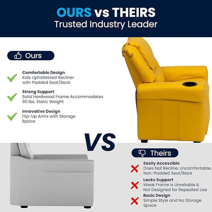 Flash Furniture Vana Vinyl Kids Recliner with Cup Holder, Headrest, and Safety Recline, Contemporary Reclining Chair for Kids, Supports up to 90 lbs., Yellow