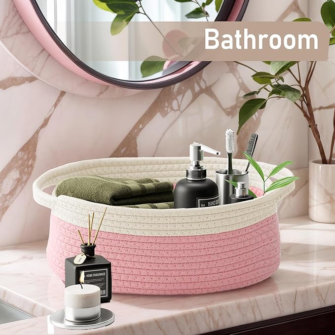 JMvicyroam Woven Basket,Small Rope Storage Bin with Handles & Ribbon Bag, Organizer for Shelves Closets,Gift Basket Empty for Birthday,Books,Dog Toys, White&Pink/3 Pack