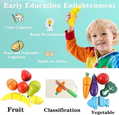newlng Wooden Play Food Toys Fruits and Vegetables for Toddlers Cutting Fruits and Vegetables Food Toys Food Cutting Toys Best Gift for Christmas Birthday with Reusable Storage Bag