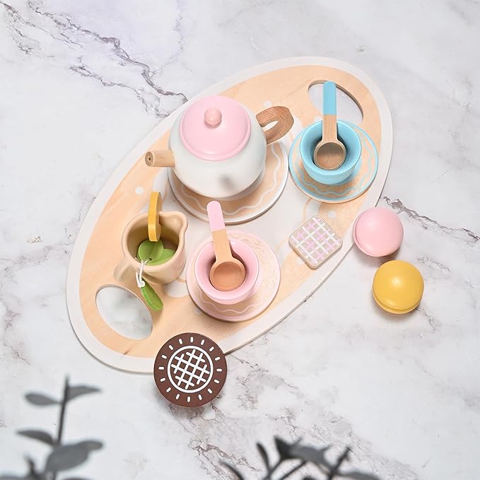 23pcs Wooden Tea Set for Little Girls, Toddler Tea Set Wooden Toys Play Kitchen Accessories with Cupcake Stand and Tray, Kids Tea Party Set Pretend Play Food Birthday Gift Playset