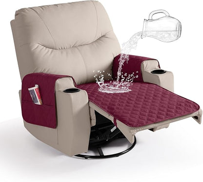Ruaozz Waterproof Recliner Chair Covers Non Slip Chair Covers Recliner Seat Cover with Arms Washable Recliner Covers for Reclining Chair with Pocket, Covers for Recliner Chair (Wine, Small-22'')
