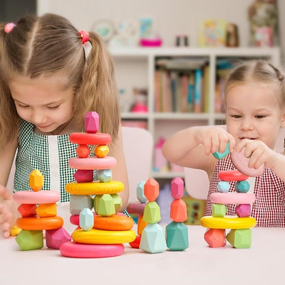 OESSUF Stacking Rocks 26Pcs Stacking Blocks Balancing Stacking Stones Wooden Building Toys Wood Stone Stacking Game for Toddler Sorting Preschool Educational Montessori Stacking Rocks for Kids