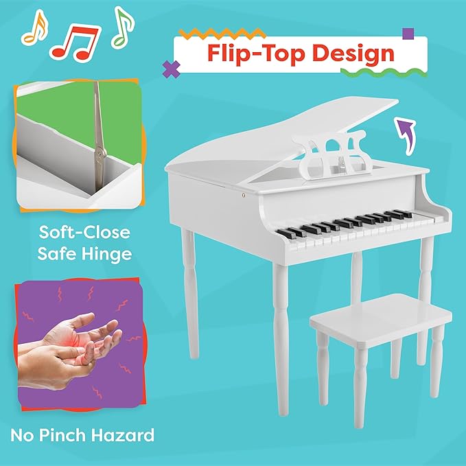 Kids Piano - 30 Key Mini Grand Piano with Music Stand, Bench, and Note Stickers - for Beginners - Instruments for Kids by Hey Play (White)