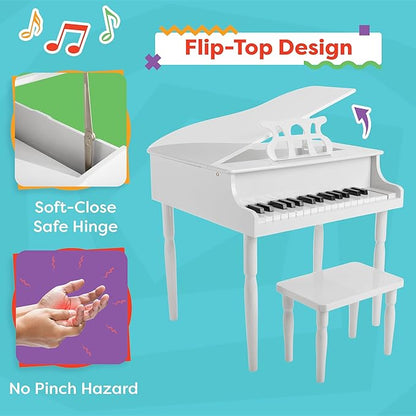 Kids Piano - 30 Key Mini Grand Piano with Music Stand, Bench, and Note Stickers - for Beginners - Instruments for Kids by Hey Play (White)