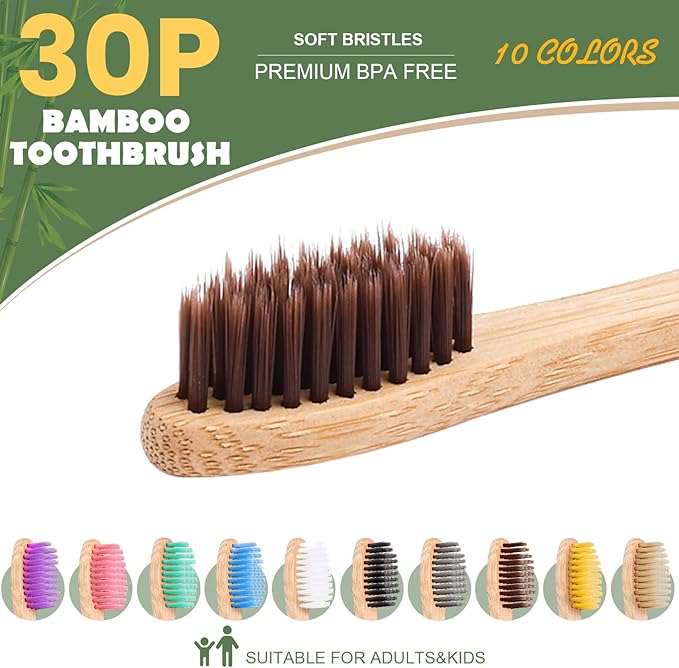 30PCS Biodegradable Bamboo Toothbrushes, BPA Free Soft Toothbrushes for Adults and Kids, Soft Bristles Toothbrushes, Eco-Friendly Natural Wooden Toothbrush Bulk, Box of Two Reusable Travel Toothbrush