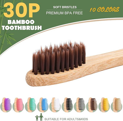 30PCS Biodegradable Bamboo Toothbrushes, BPA Free Soft Toothbrushes for Adults and Kids, Soft Bristles Toothbrushes, Eco-Friendly Natural Wooden Toothbrush Bulk, Box of Two Reusable Travel Toothbrush