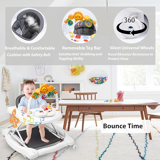 Boyro Baby 5-in-1 Baby Walker, Baby Walkers for Boys Girls 6-18 Months, Foldable Activity Walker, Toddler Infant Walker with Bouncer, Adjustable Height, Removable Footrest, Feeding Tray, Music