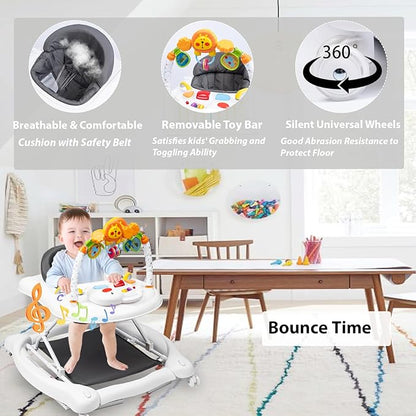 Boyro Baby 5-in-1 Baby Walker, Baby Walkers for Boys Girls 6-18 Months, Foldable Activity Walker, Toddler Infant Walker with Bouncer, Adjustable Height, Removable Footrest, Feeding Tray, Music