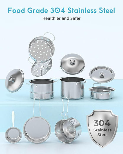 Kids Cooking Set Real for Ages 8-12, Real Mini Kitchen Tools with Stove Burner & Safe Knife, Montessori Cooking Toys for Boys & Girls, Easy Beginner Cooking Gift – Blue