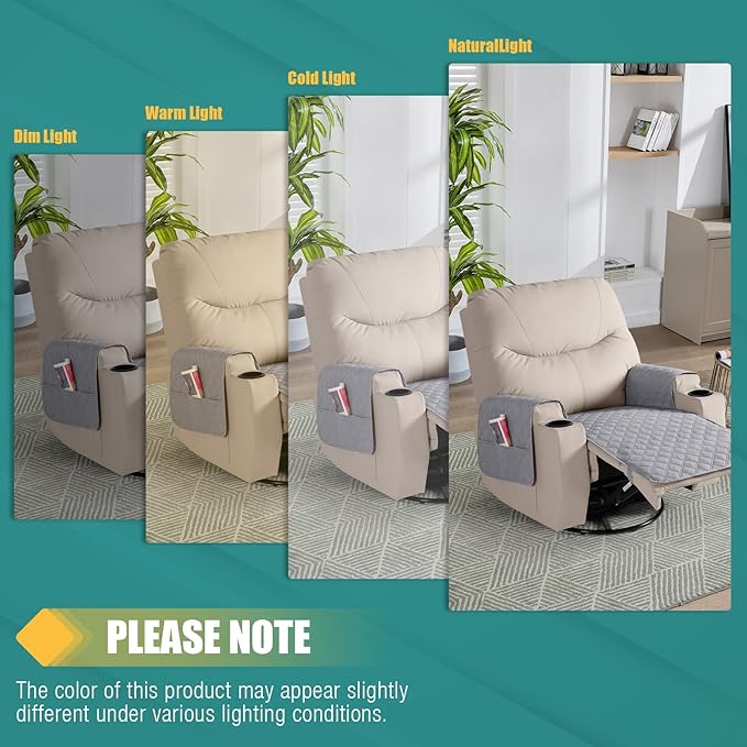 Ruaozz Waterproof Recliner Chair Covers Non Slip Chair Covers Washable Recliner Covers for Reclining Chair with Pockets Covers for Recliner Chair for Pets, Kids (Light Grey, Medium-25'')