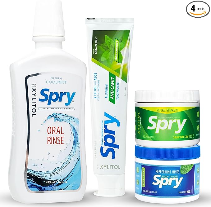 Spry Total Dental Health Kit, All Day Oral Care and Gum Health Kit Including Spry Xylitol Sugar Free Gum, Xylitol Sugar Free Candy Mints, Xylitol Oral Rinse and Spearmint Toothpaste with Xylitol
