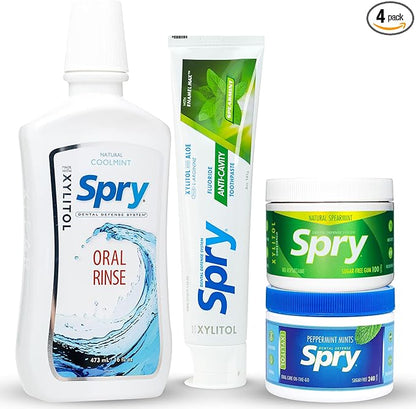 Spry Total Dental Health Kit, All Day Oral Care and Gum Health Kit Including Spry Xylitol Sugar Free Gum, Xylitol Sugar Free Candy Mints, Xylitol Oral Rinse and Spearmint Toothpaste with Xylitol
